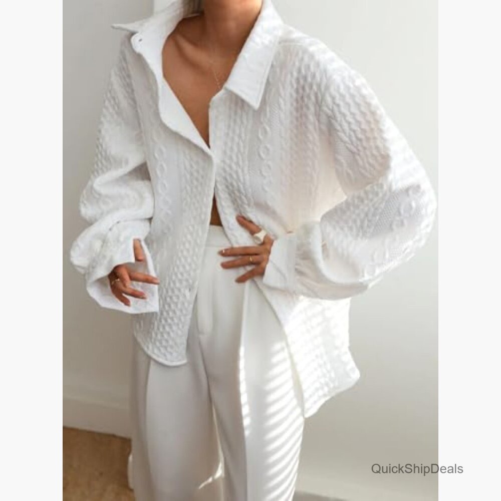 Oversized Button Down Shacket, Textured Polyester… - image 3